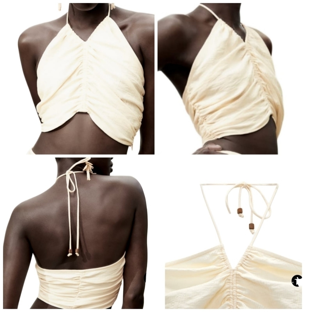 Zara draped top SS22 v neck Thin Strap V Neck Beige adjustable tie 3265/403